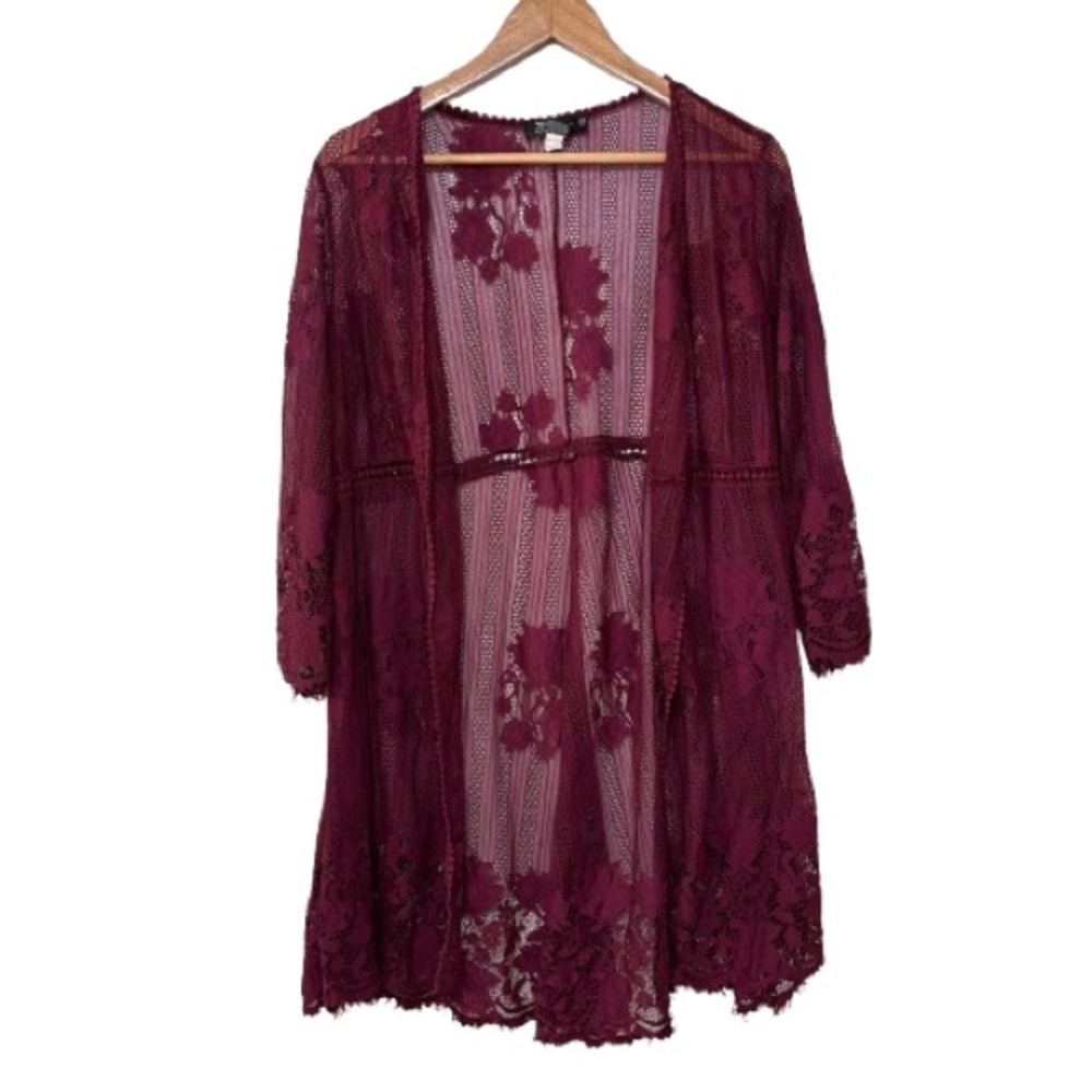 Miss Cheivous Maroon Full Lace Open Front Cardigan Size M